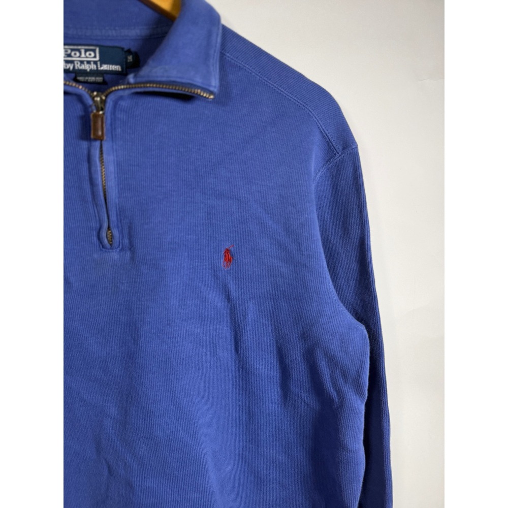 Polo Ralph Lauren Mens Medium Blue 1/4 Zip Pullover Cotton Rib Sweater Red Pony